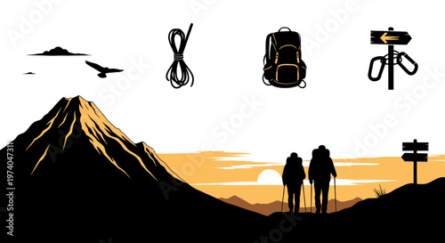 Silhouettes of hikers exploring a mountain landscape at sunset with gear icons