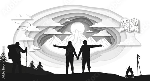 Silhouettes of hikers enjoying nature with mountains and clouds in papercut style