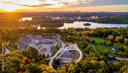 Aeriel view at sunset in Dover New Hampshire with backgrounds of Dover, Barbados Pond, and a quarry
