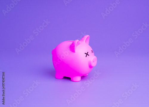 Pink piggy bank with crossed eyes on neon lighting. Financial crisis, inflation and bankruptcy. Concept of economic recession, rising cost of living, personal debt, savings loss and financial stress.