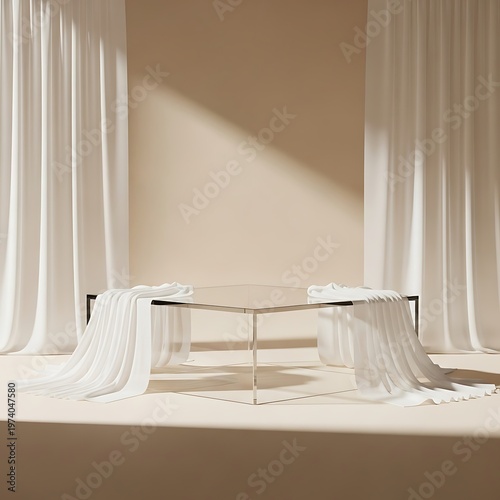 Minimalist arrangement, sheer fabrics, contemporary table in neutral palette