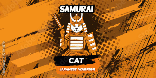 A stylized samurai cat illustration with bold orange and black colors