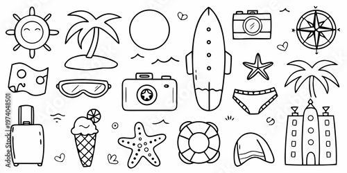 Hand drawn summer vacation doodles featuring beach and travel elements