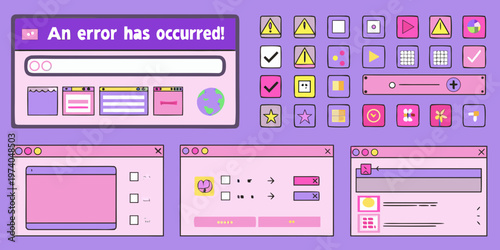 A collection of colorful whimsical computer interface elements and error messages
