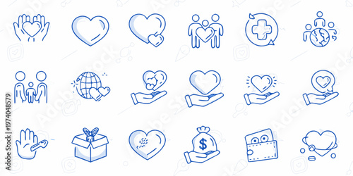 Collection of blue line icons representing concepts of care and charity