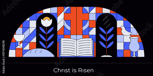 Stylized stained glass depiction of religious symbols and an open bible