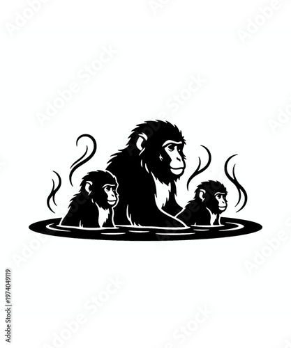 family of gorillas relaxing in hot spring flat design vector illustration