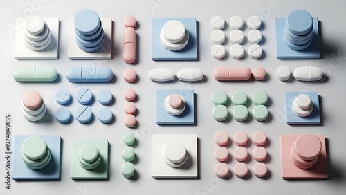 Pastel-toned medicine concept with pill arrangements displaying a minimalist aesthetic
