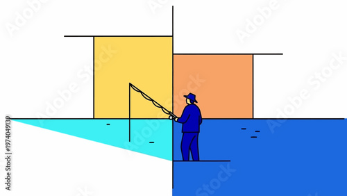 Man Fishing with Rod and Line.