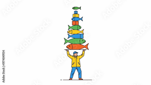 Man Balancing Colored Objects on Head.