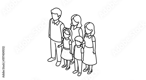 Isometric line art illustration of a family with three children.