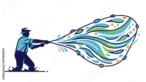 Man Holding Fishing Net with Fish Inside.