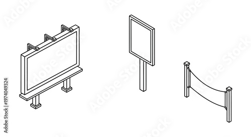 Isometric line art illustration of various blank outdoor advertising signs.