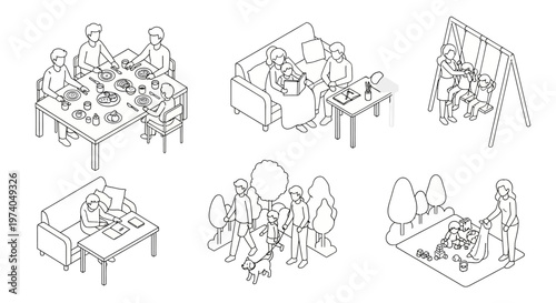 Isometric line art illustrations depicting various family activities and daily life scenes.