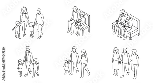 Isometric line art of diverse families and groups of people in various poses and interactions.