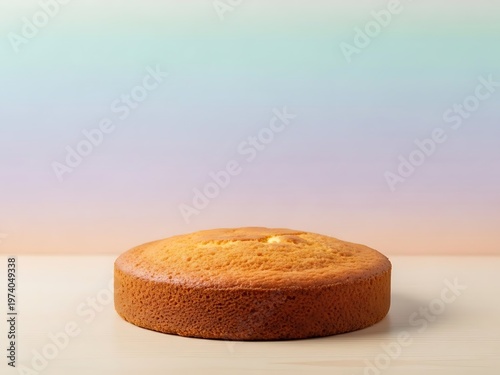 Perfectly baked round cake against a soft pastel gradient backdrop