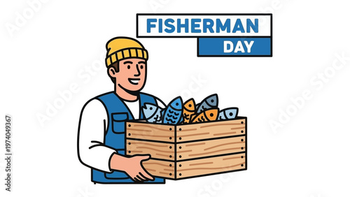 Fisherman holding a crate of fish.