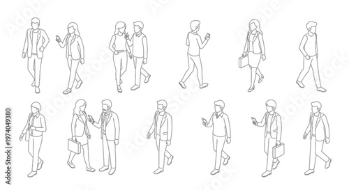 Isometric line art of diverse people walking and interacting in various poses.