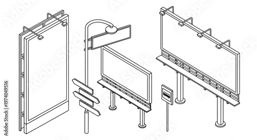 Isometric outline illustration of various outdoor advertising billboards and signs.