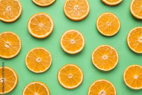 Pattern of slices oranges on green background