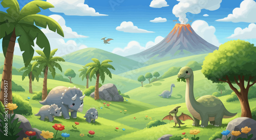 Prehistoric landscape with dinosaurs volcano eruption lush greenery and tropical palm trees under blue sky