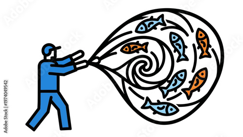 Man Fishing with Net Full of Fish.