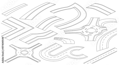Isometric road elements set for creating city maps and transportation networks.
