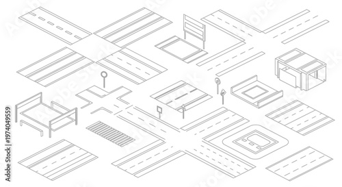 Isometric road map constructor elements for city building and urban planning.