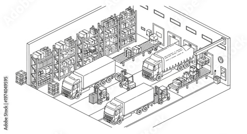 Isometric view of a busy logistics warehouse with trucks and forklifts.