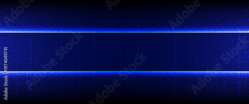 Blue digital background with binary code and glowing perspective grid lines vector