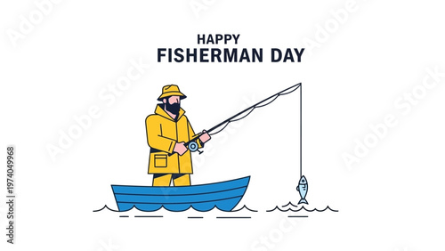 Fisherman in Yellow Suit Fishing from Boat.