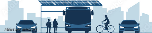 Solar powered bus station illustration, sustainable public transport system with electric bus, renewable energy shelter, eco friendly urban mobility and smart city concept