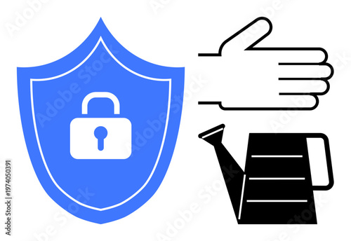 Data security, protection, digital privacy, safeguarding, nurturing growth, gardening. Blue shield with lock, hand gesture black watering can on white. Data security and protection