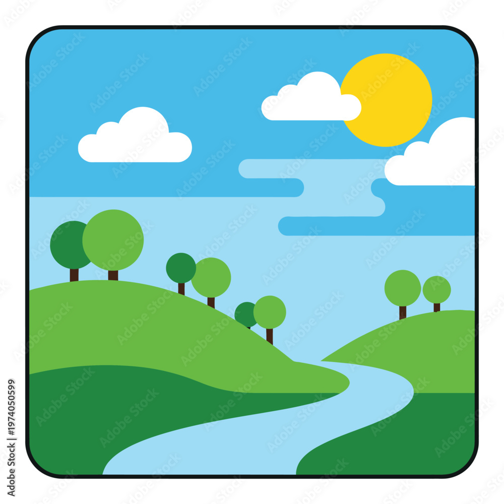 Fototapeta premium Cartoon landscape with green hills trees and winding river under sunny blue sky icon