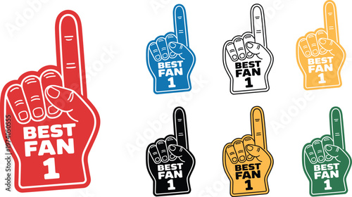 Colorful foam finger best fan number one icons set, sports supporter hand gesture collection, cheering fan symbol illustration isolated on white background