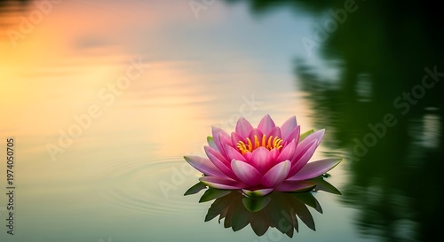 Serene water lily blossom floats peacefully on tranquil water at dusk creating meditative atmosphere