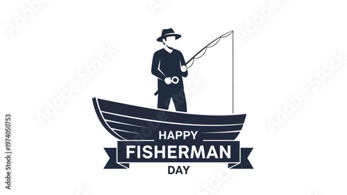 Fisherman Standing in Boat with Fishing Rod.