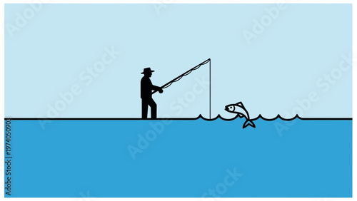 Man Fishing with Rod and Fish.