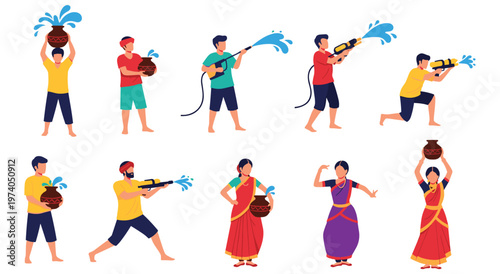 Collection of people celebrating holi festival with water guns and traditional clay pots. Diverse Indian characters playing with colorful liquid splashes in traditional attire on white background.