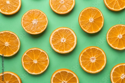 Pattern of slices oranges on green background