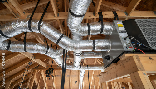 Ductwork ventilation system installed in new construction building. Building Construction & HVAC Systems