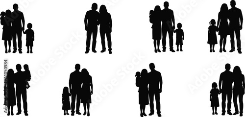 Family silhouettes set isolated on white background, parents with children illustration, happy family lifestyle concept, parenting and togetherness theme, diverse household poses collection for design