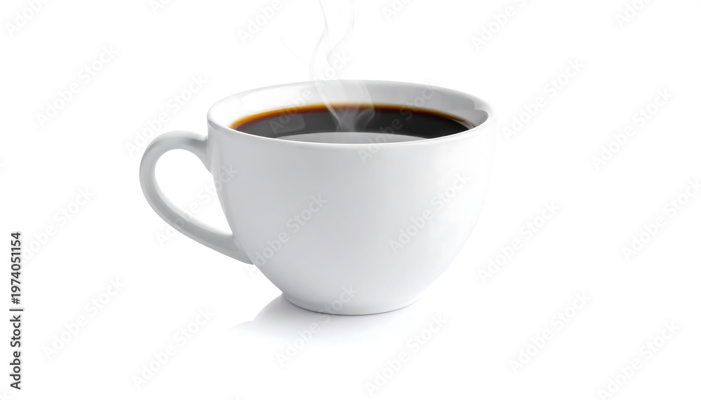 Obraz premium A steaming cup of black coffee in a white ceramic mug, isolated on a white background