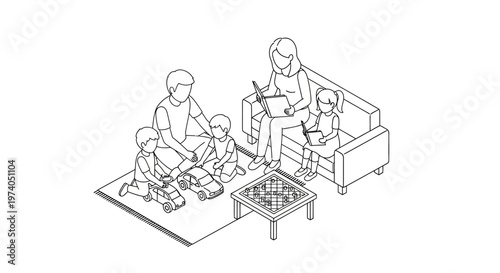 Family bonding over board games and reading in a cozy living room setting.