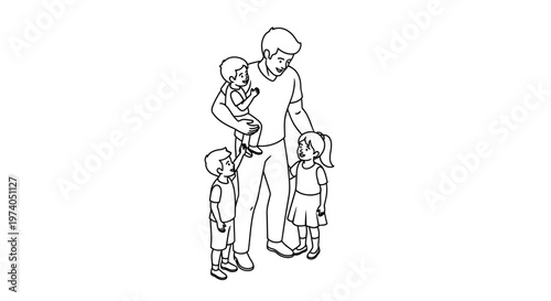 Father with three children, two boys and one girl, standing together.