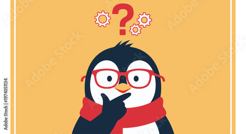 a charming illustration of a penguin wearing glasses and a red scarf pondering with a questioning expression on transparent background silhouette high quality professional detailed modern