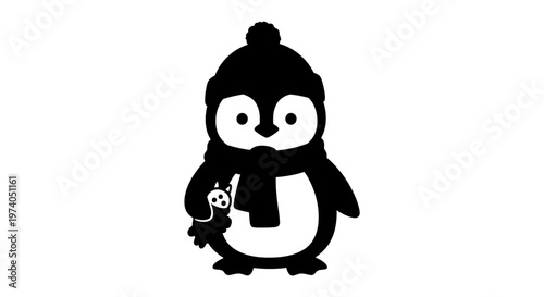 adorable penguin character wearing a cozy hat and scarf holding a playful fish perfect for winter designs on transparent background silhouette high quality professional detailed modern