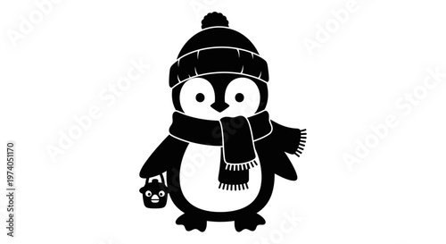 a charming black silhouette of a penguin wearing a winter hat and scarf with a small companion perfect for seasonal designs on transparent background high quality