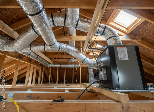 Ductwork ventilation system installed in new construction building. Building Construction & HVAC Systems