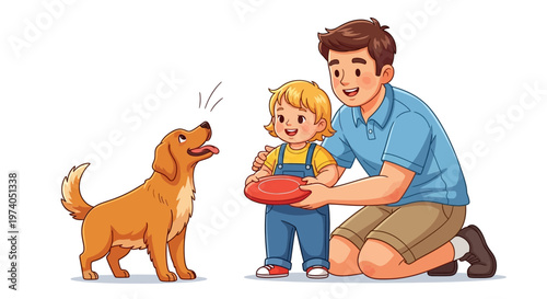 Cartoon illustration of a happy father and child celebrating a world event for national pet day, with a golden retriever looking up expectantly against a clean white background